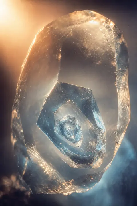 Mikroskopisches Glassplitter enthält unendlich kleinere Fragmente in silberblauer Tiefe, Traumsymbol