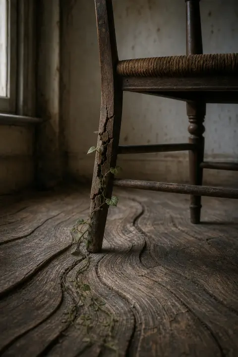A cracked chair leg whose fracture blooms into curling vines as the floor ripples, a dream of a broken leg