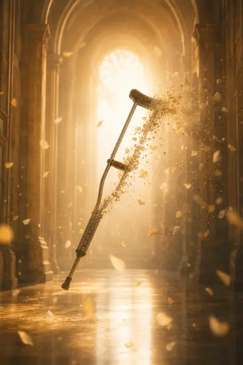 A single crutch floats weightless across a sunlit hall, dissolving into golden petals, a dream of a broken leg