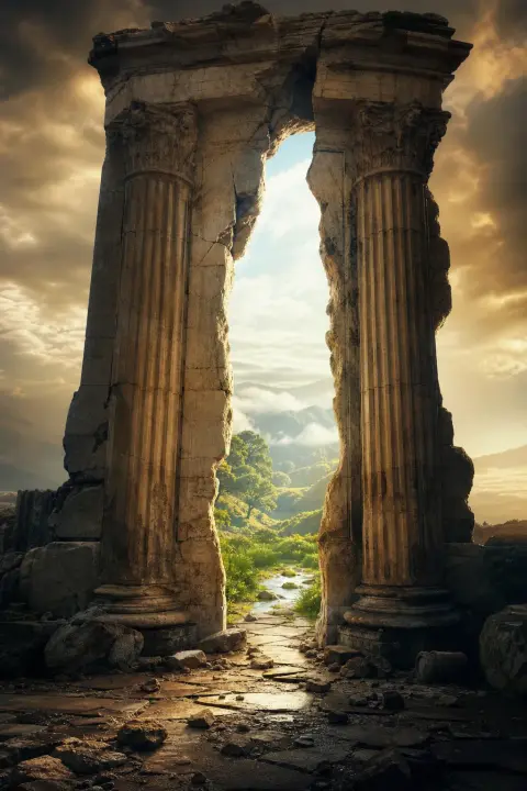 A broken stone column stands like a doorway, its crack opening onto a healing green landscape, a dream of a broken leg