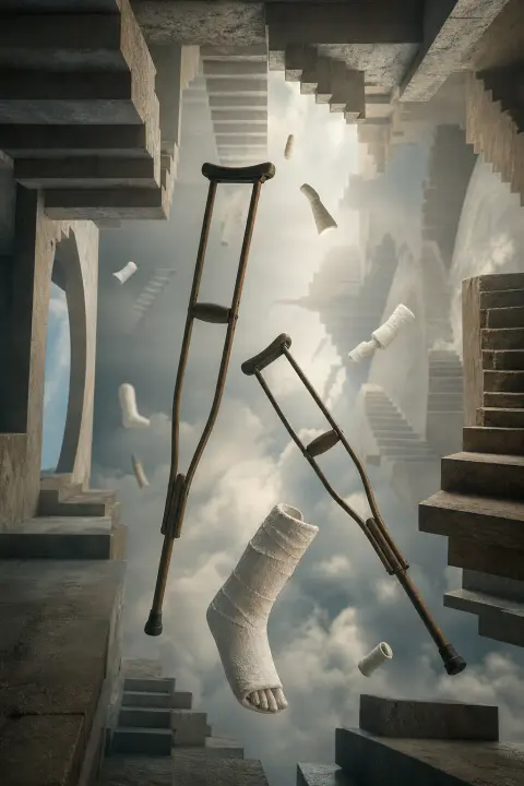 A cast and crutches drift among inverted staircases and floating splints, a dream of a broken leg