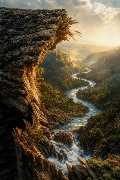 Close view of a snapped tree branch whose break becomes a river through hills, a dream of a broken leg