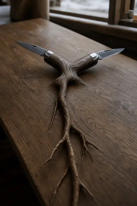 Two matching pocket-knives crossed on a table fuse into a single branch, a dream about a brother