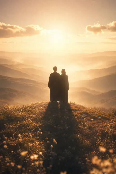 Two silhouettes stand shoulder to shoulder on a sunlit ridge, shadows merging into petals, a dream of a brother