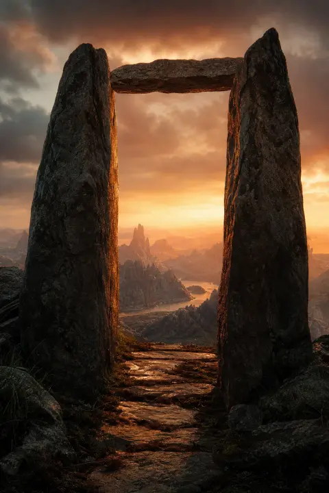Two standing stones form a doorway onto a rugged landscape at dusk, a dream about a brother
