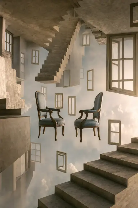 Two facing chairs drift among inverted staircases and floating windows, a dream about a brother