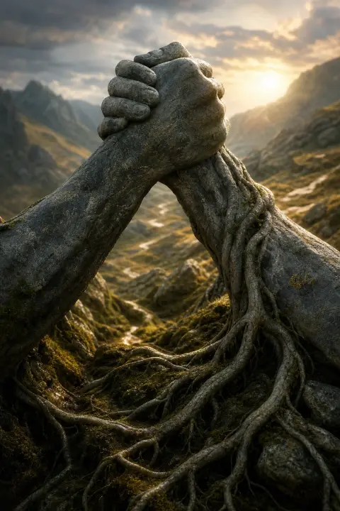 Close view of two clasped stone forearms whose grip becomes intertwined roots, a dream of a brother