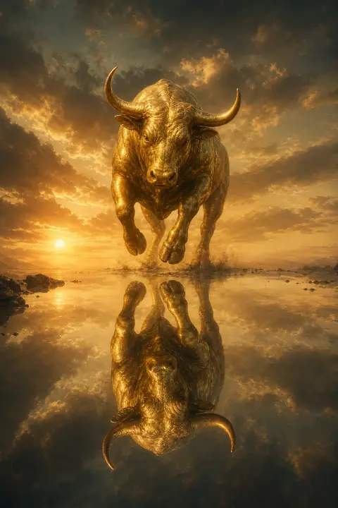 Goldener Stier angreifend und gleichzeitig erstarrt, gespaltenes Spiegelbild in bernsteinfarbenem Dämmerungsschwellwert
