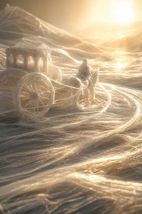 Silver threads woven into bus form across moonlit plane, light holding journey shape