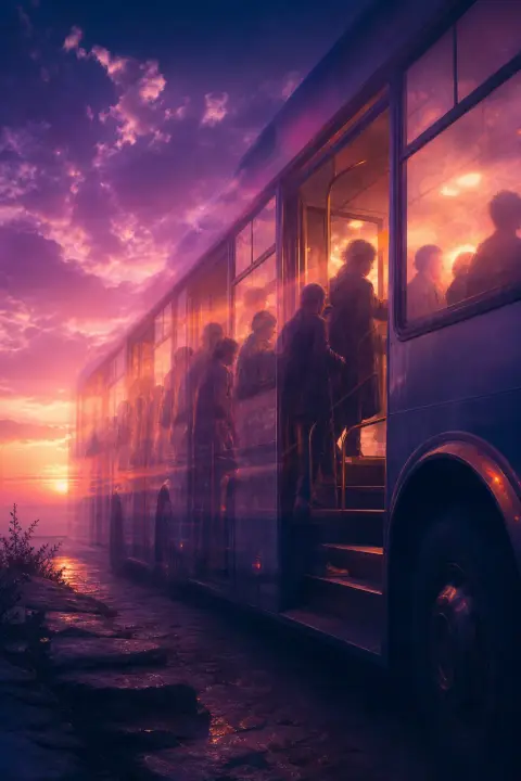 Bus frozen in motion with passengers boarding and seated simultaneously, layered in violet twilight