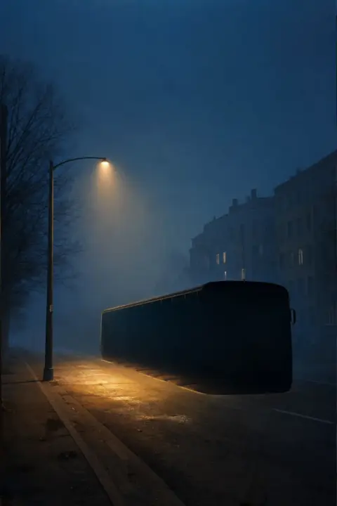 Absence of bus carved into darkness, warm streetlamp glow marking phantom headlight in void