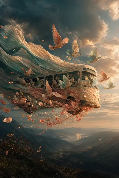 Bus transforming into fabric and petals, passengers becoming birds with peach and mint wings, metamorphosis into flight