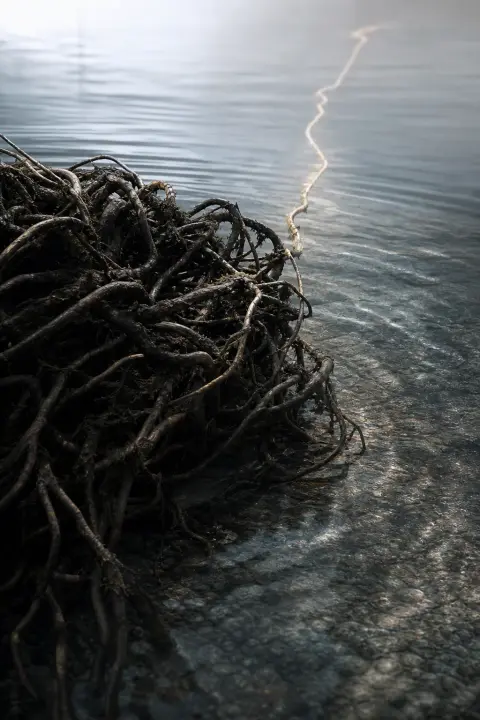 Ein dunkler verworrener Wurzelknoten auf blasser Fläche wird von einem Lichtfaden aufgelöst, Sinnbild des Krebses