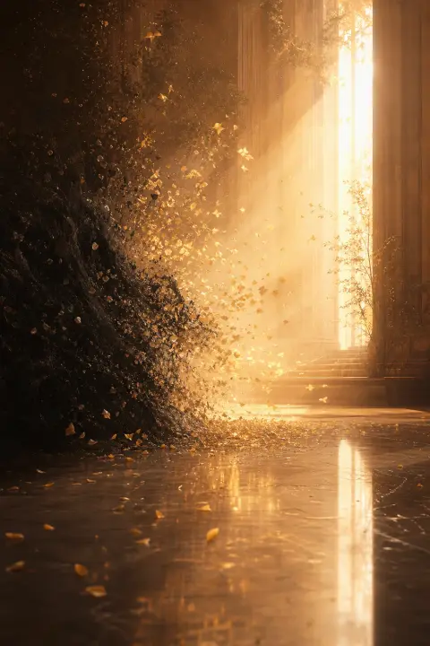 Eine schattige Masse löst sich in warmem Licht über einer sonnigen Halle auf und zerstiebt in goldene Blütenblätter, Bild des Krebses