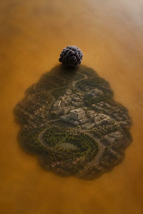 Tiny cancer cell cluster casts an amber shadow containing an entire miniature city with hospitals and winding roads