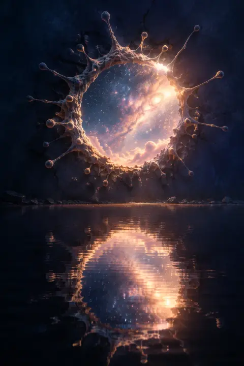 Cancer-cell-shaped void punched through an indigo wall reveals a star-filled sky beyond, reflected in still black water below