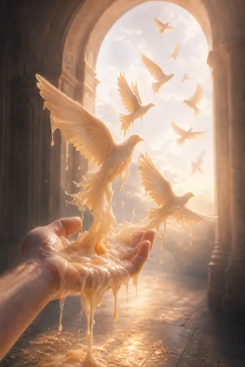 Pale hand cupping candle wax transforming into white doves with cream and peach wings ascending toward dawn sky