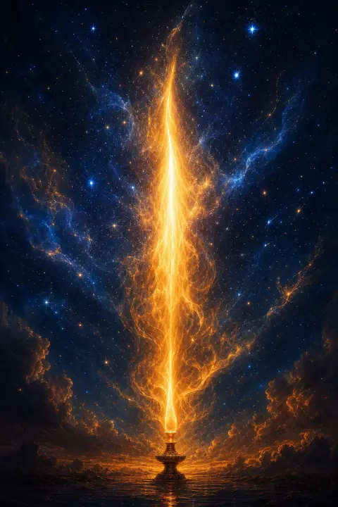 Needle-thin candle flame expands filling indigo cosmos, luminous tip piercing infinite night spawning blooming constellations