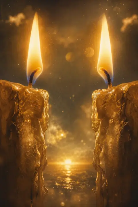 Two golden candles face each other in extreme close-up, identical flames mirroring in amber haze between them trembling equally