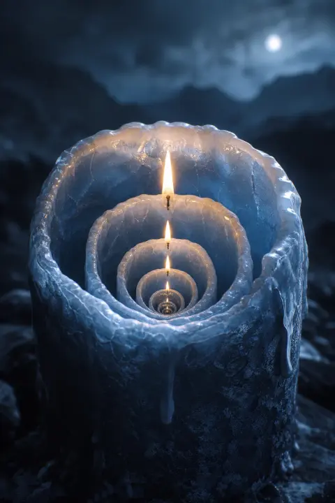 Silver-blue candle containing nested candle within candle receding infinitely inward, each distant flame glimmering deeper in moonlit silence