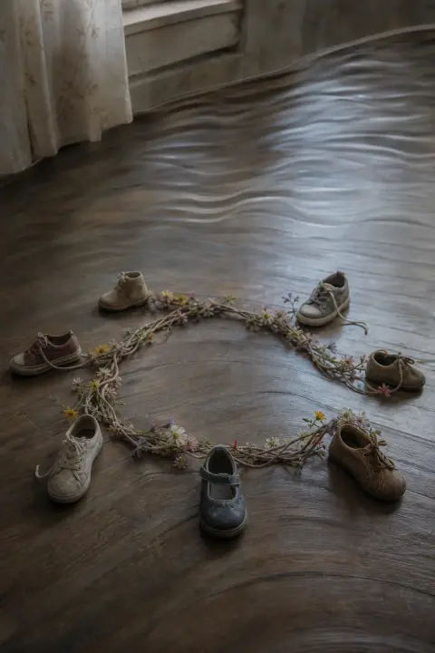 A cluster of small empty shoes whose laces braid into a garland of flowers, a dream about children