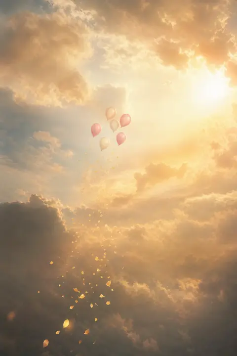 Several balloons rise together through a sunlit sky, their strings dissolving into petals, a dream of children
