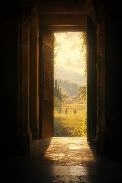 A bright doorway opens onto a sunlit playground meadow with tiny silhouettes running, a dream about children