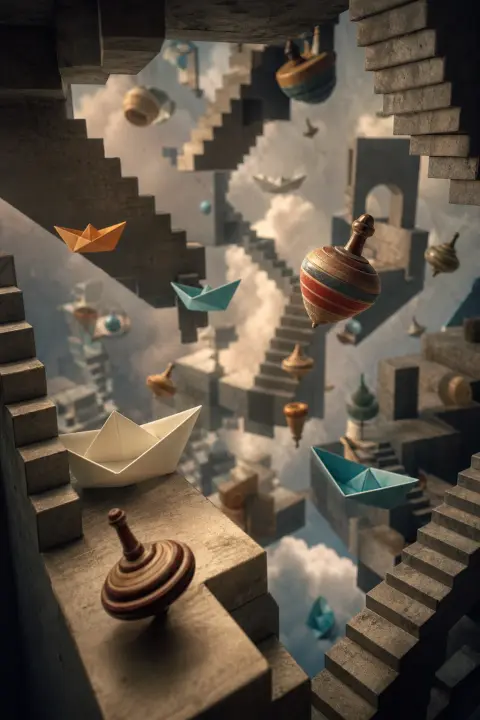 Paper boats and spinning tops drift among inverted staircases and floating toys, a dream about children