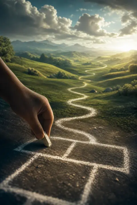 Close view of a chalk hopscotch whose lines become winding paths across green hills, a dream about children