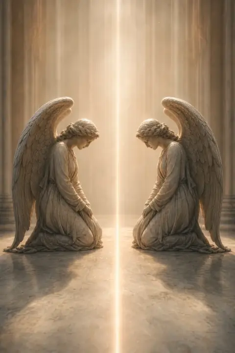 Two identical stone angels kneel face-to-face, folded wings mirrored, peach light dividing the space between them