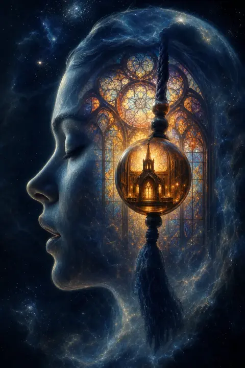 Nested chapel within prayer bead within stained-glass window within whispered word, each layer glowing faintly against indigo dark