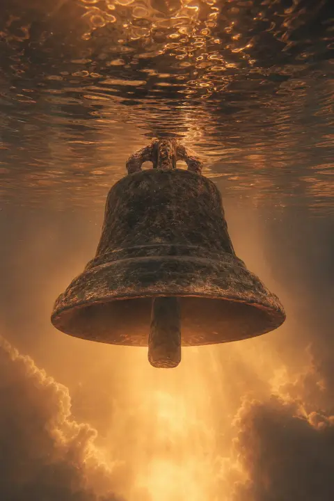 Stone bell rises slowly through amber haze while water pools overhead like ceiling, golden light cascading down from below