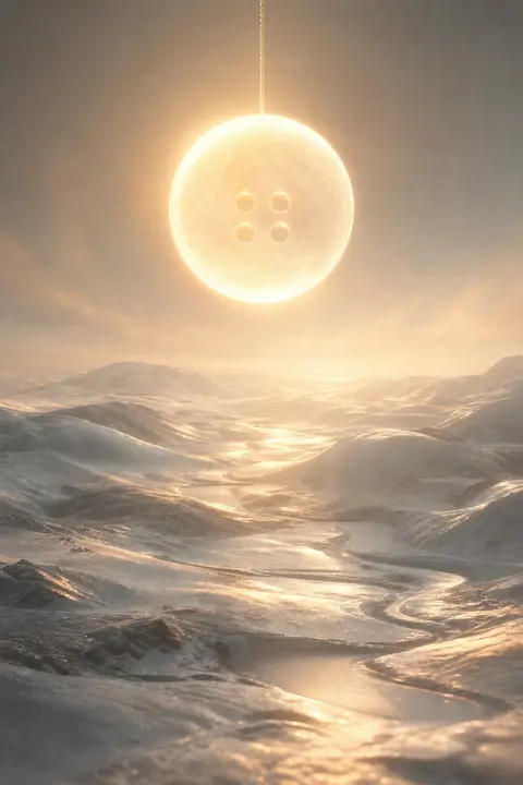 Colossal luminous button casting impossible shadows across silver dreamscape, clothing symbol