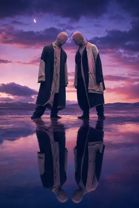 Two identical figures tilted together in violet dusk, one wearing inverted clothes, mismatched reflections