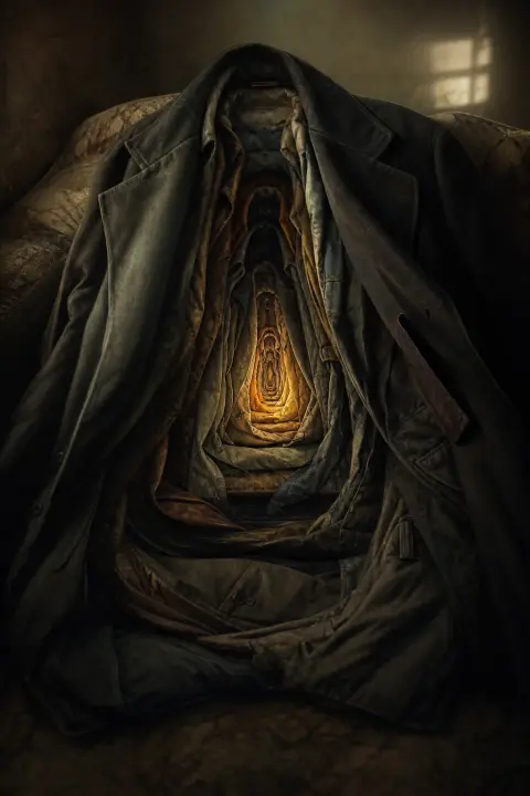 Coat folding infinitely inward, pockets revealing nested garments, warm amber light from deepest fold