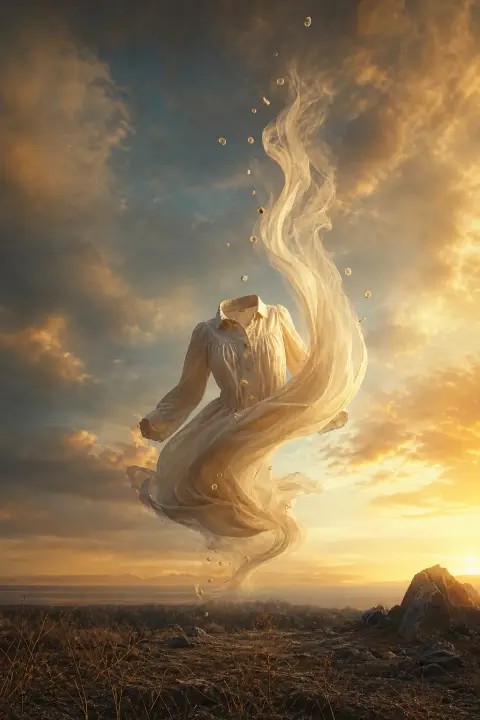 Ethereal dress ascending skyward as smoke with floating buttons and trailing hem in pale dawn light