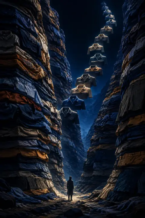Lone figure gazes up at clothes forming canyon walls of compressed geological strata in indigo night