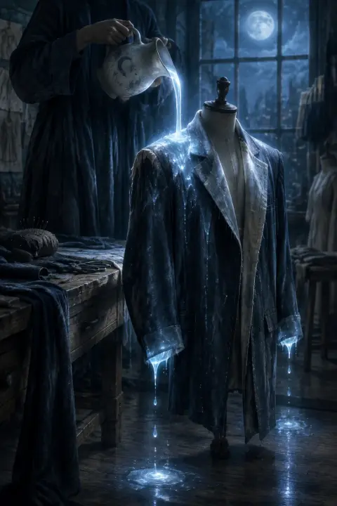 Figure pours moonlight as liquid from a ceramic jug onto a half-finished coat dripping from its cuffs
