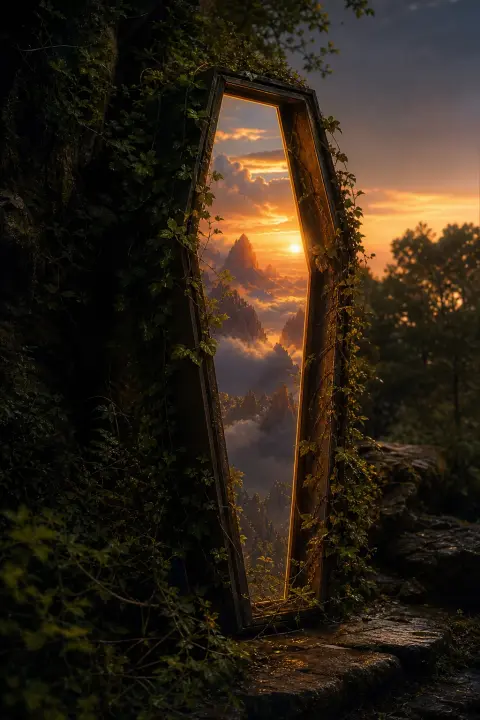 Ein aufrecht stehender Sarg öffnet sich wie eine Tür auf eine unmögliche Berglandschaft im Sonnenuntergang, von Efeu umrankt