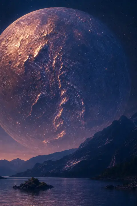 Penny en cuivre agrandi comme planete remplissant ciel, surface texturee avec montagnes en nuit indigo