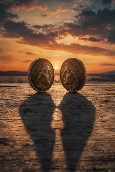 Deux pieces identiques se faisant face au crepuscule, profils reflechis projetant ombre fusionnee sur bois