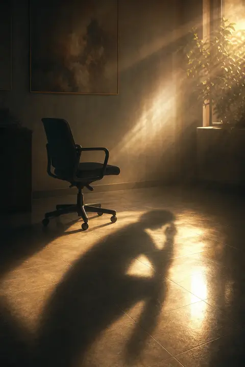 Empty office chair casts long silver shadow across moonlit tiles shaped like thinking coworker leaning forward in absence