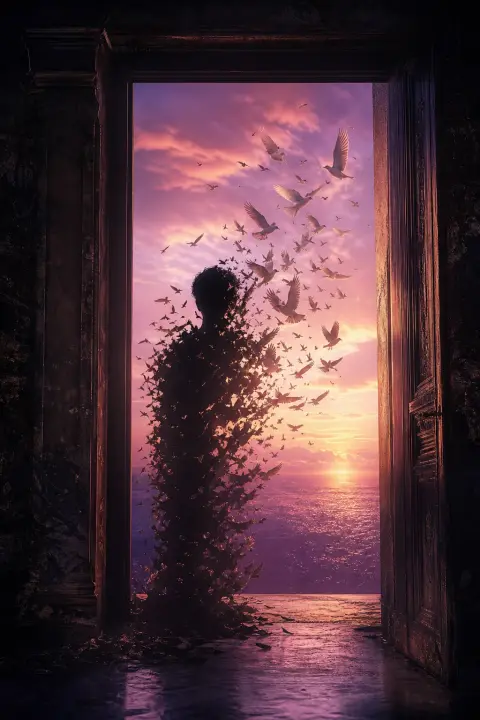 Silhouetted coworker dissolves from doorway into flock of pale birds, wings and shoulders intertwining against violet-rose twilight portal