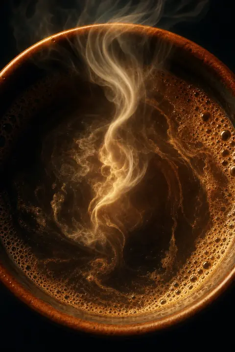 Coworker coffee cup fills entire frame from above, vast intimate amber rim against deep black with rising steam like solitary figure