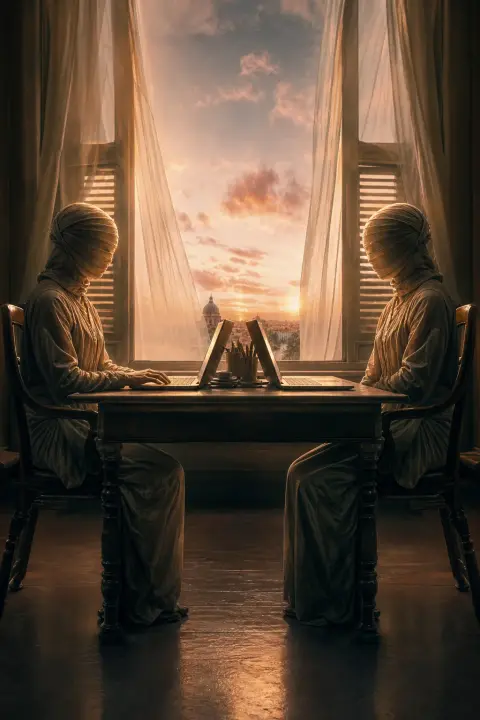 Two identical coworkers sit mirror-image at desk across peach dawn light, one typing while other watches, postures perfectly reversed and unsettling