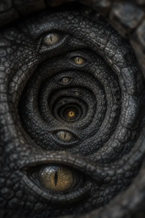 Obsidian crocodile eye chambers nested infinitely inward, each layer reflecting deeper, amber pupil burning like trapped star