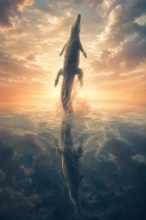 Crocodile floats upward through mirror-split sky, reflection sinking as water rises like smoke, meeting at peach horizon