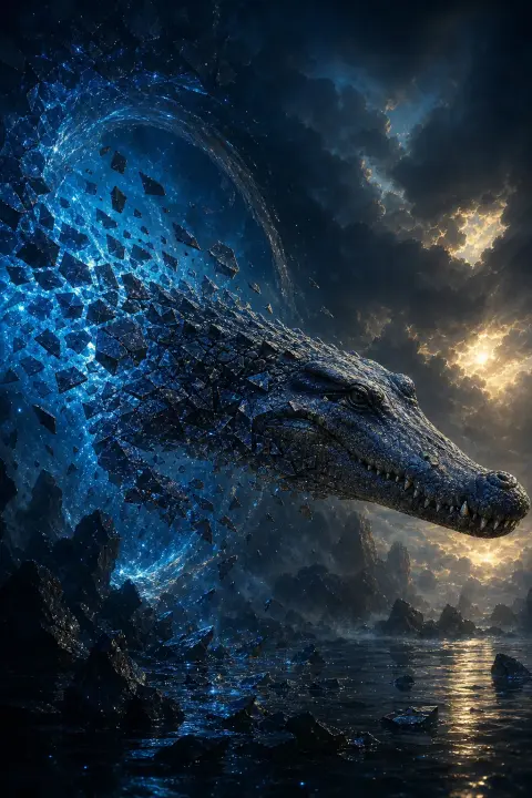 Crocodile dissolves into geometric shards of indigo and starlight, each fragment drifting through void portal, reassembling endlessly