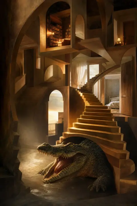 Crocodile emerges from golden staircase folding into itself, jaw opens onto doorways and rooms stacked overhead in impossible angles