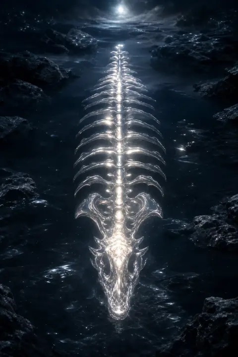 Molten silver light pools and weaves into crocodile spine shape, symmetrical and glowing, suspended in moonlit void breathing light